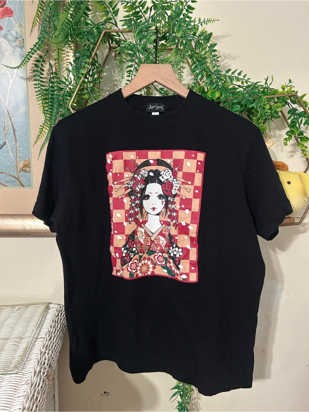 Black Japanese Graphic Tee with Red Floral Geisha Print